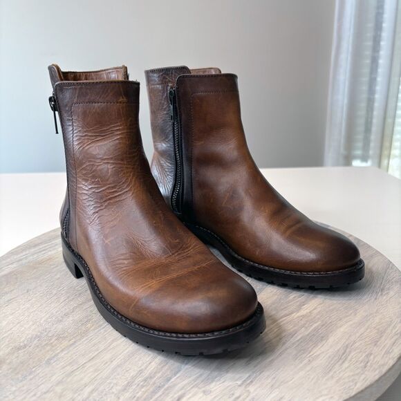 Frye Women's Veronica Brown Leather Zip Booties Biker Boots‎ US Size 7 1/2 - Picture 1 of 11